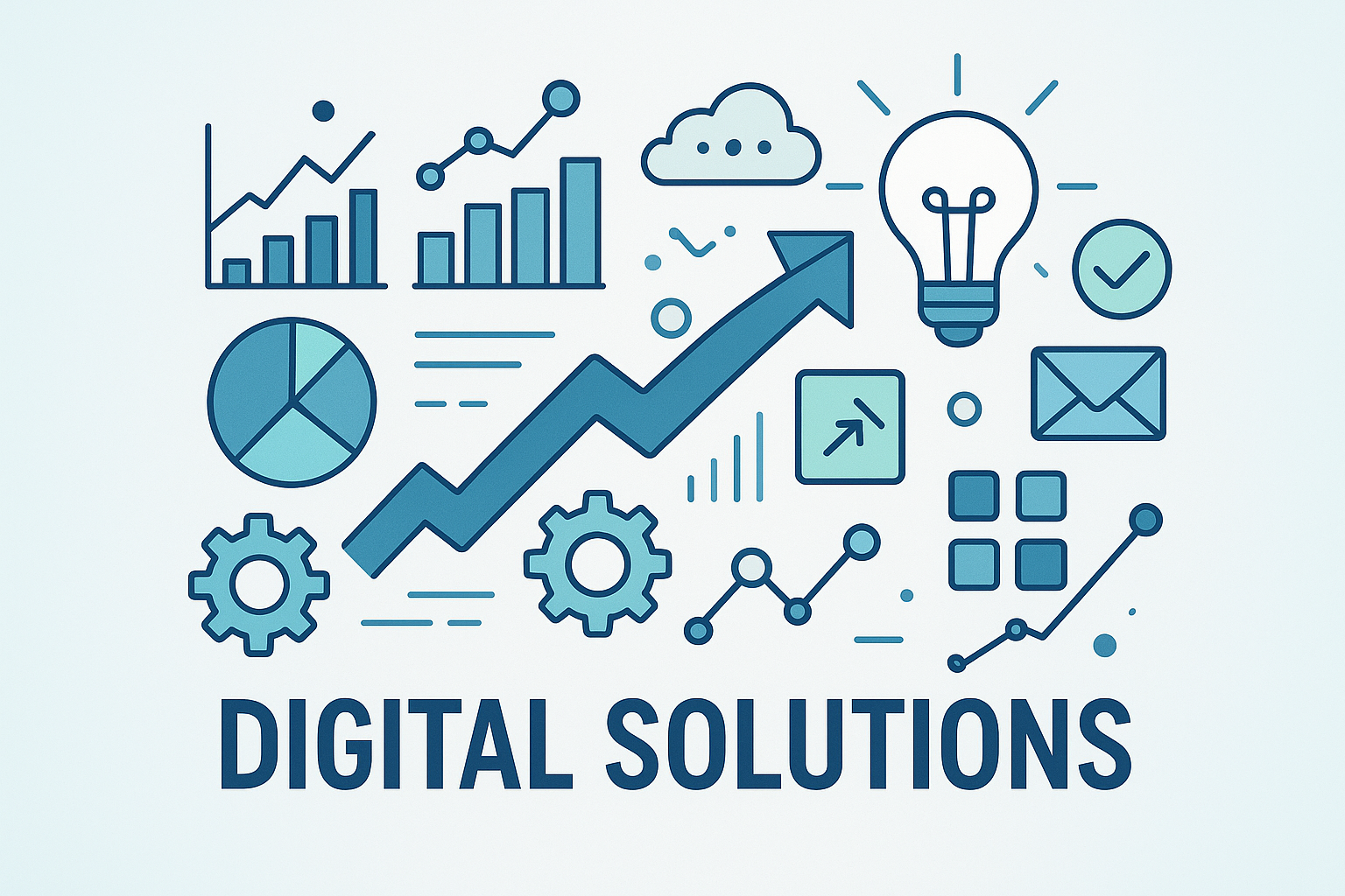 Digital solutions success strategies and real-world impact with data visualizations and technology icons