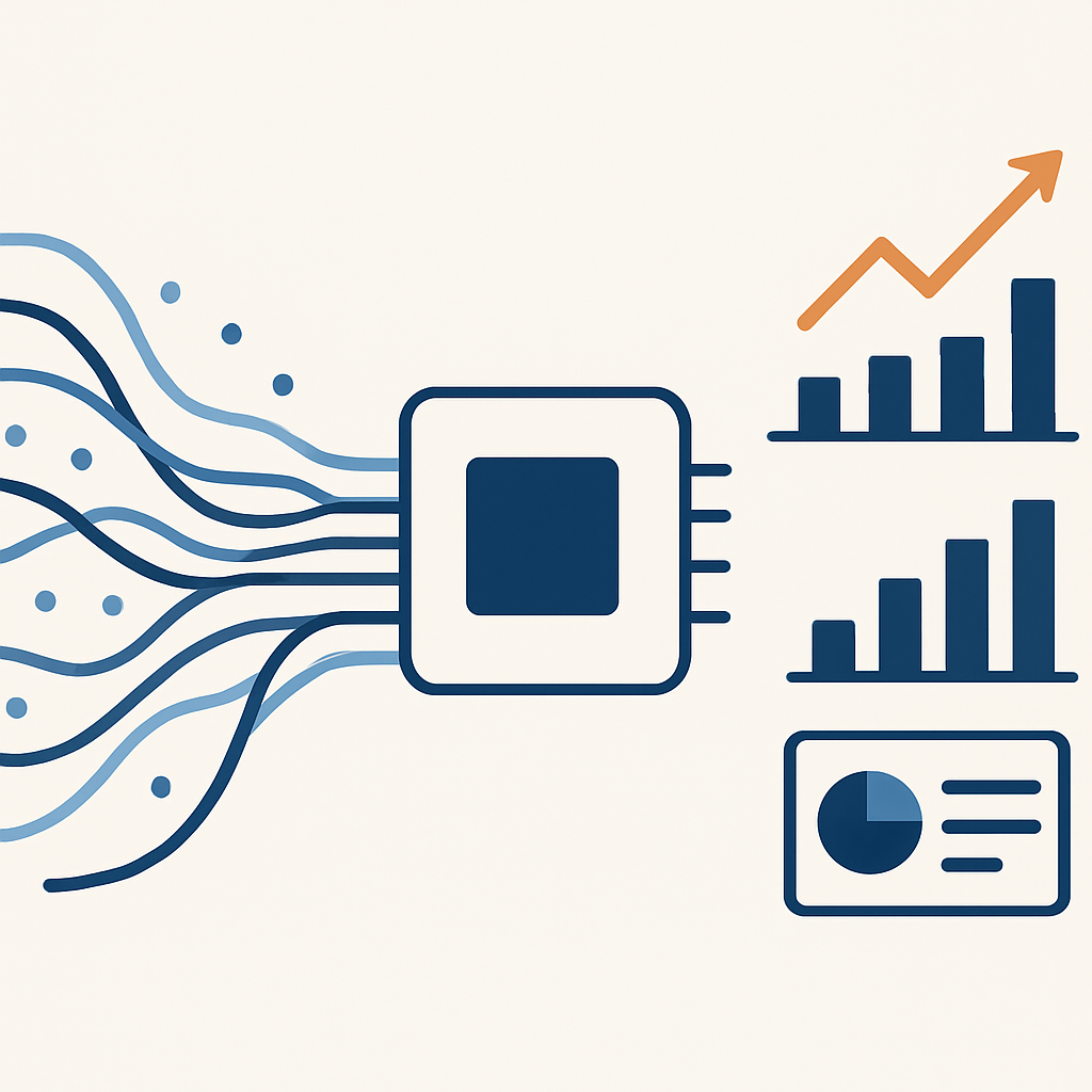 Illustration showing raw data transforming into actionable insights and business growth through digital analytics