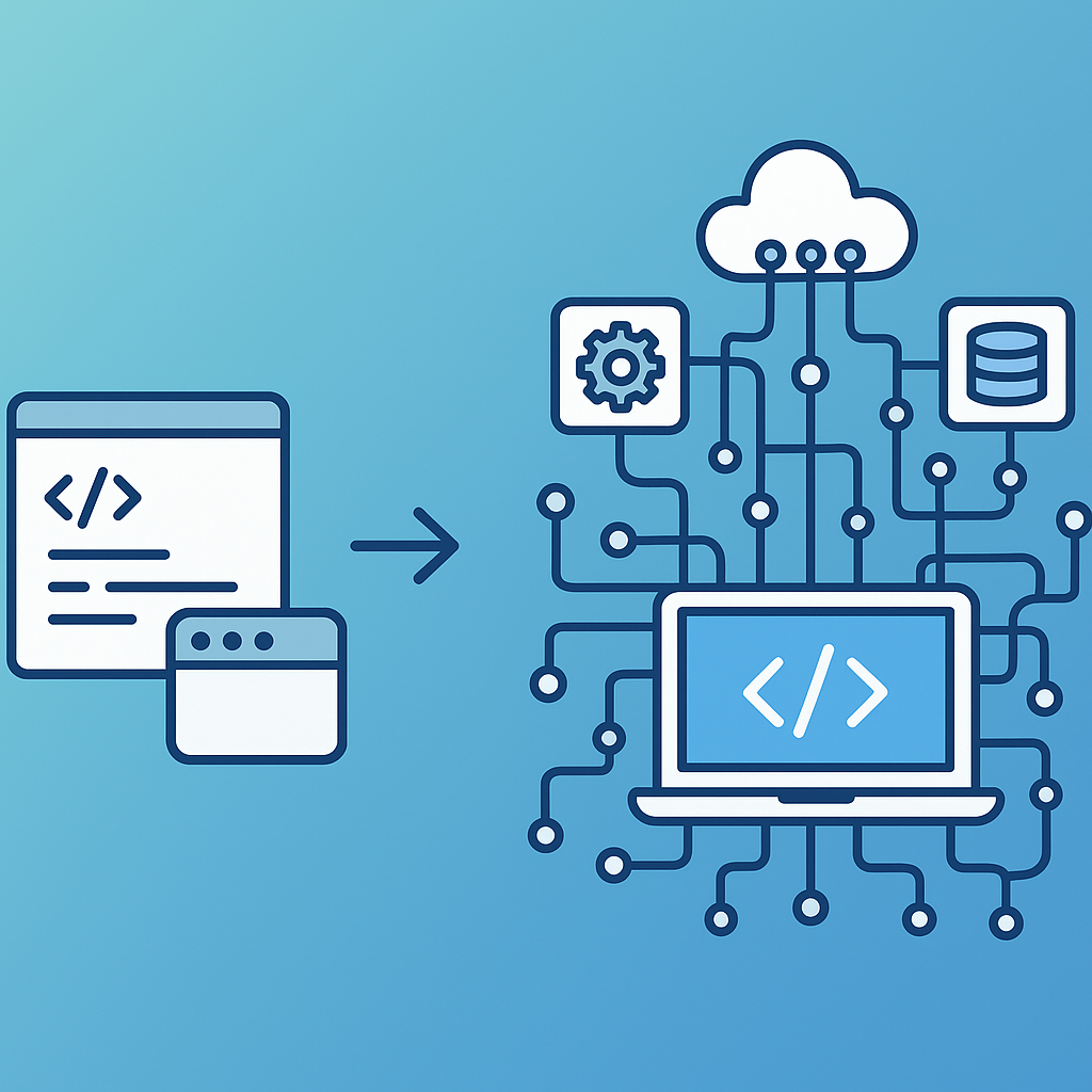 Illustration of the web development journey from beginner concepts to full-stack mastery