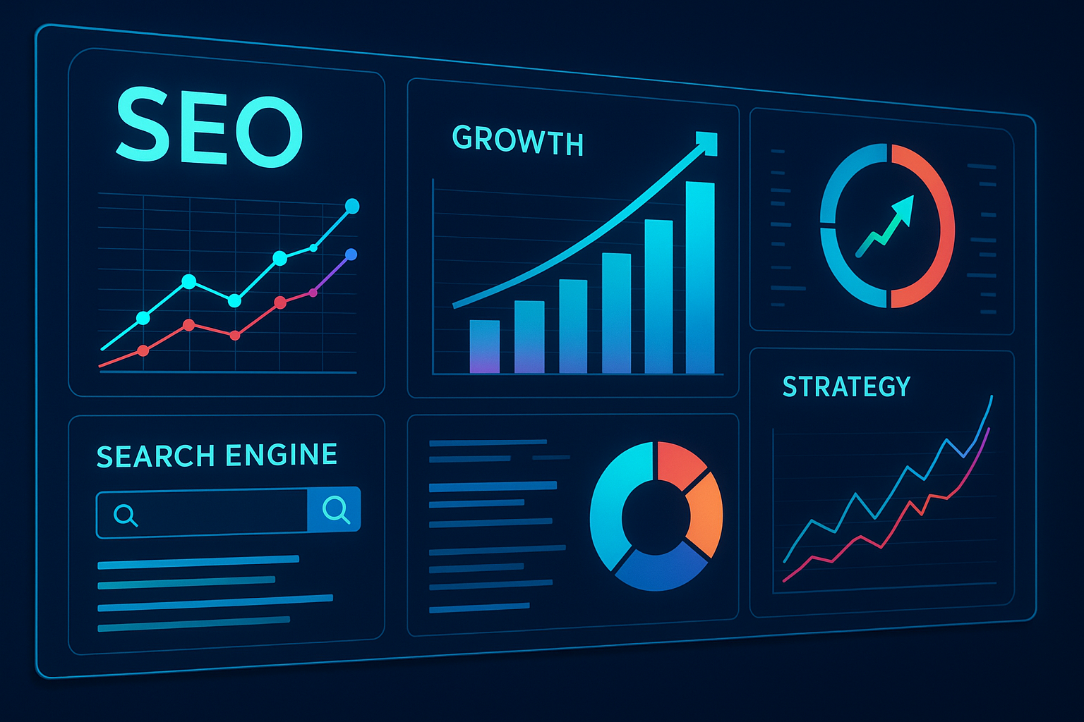 Abstract digital network symbolizing SEO trends and future-proof ranking strategies with an upward arrow