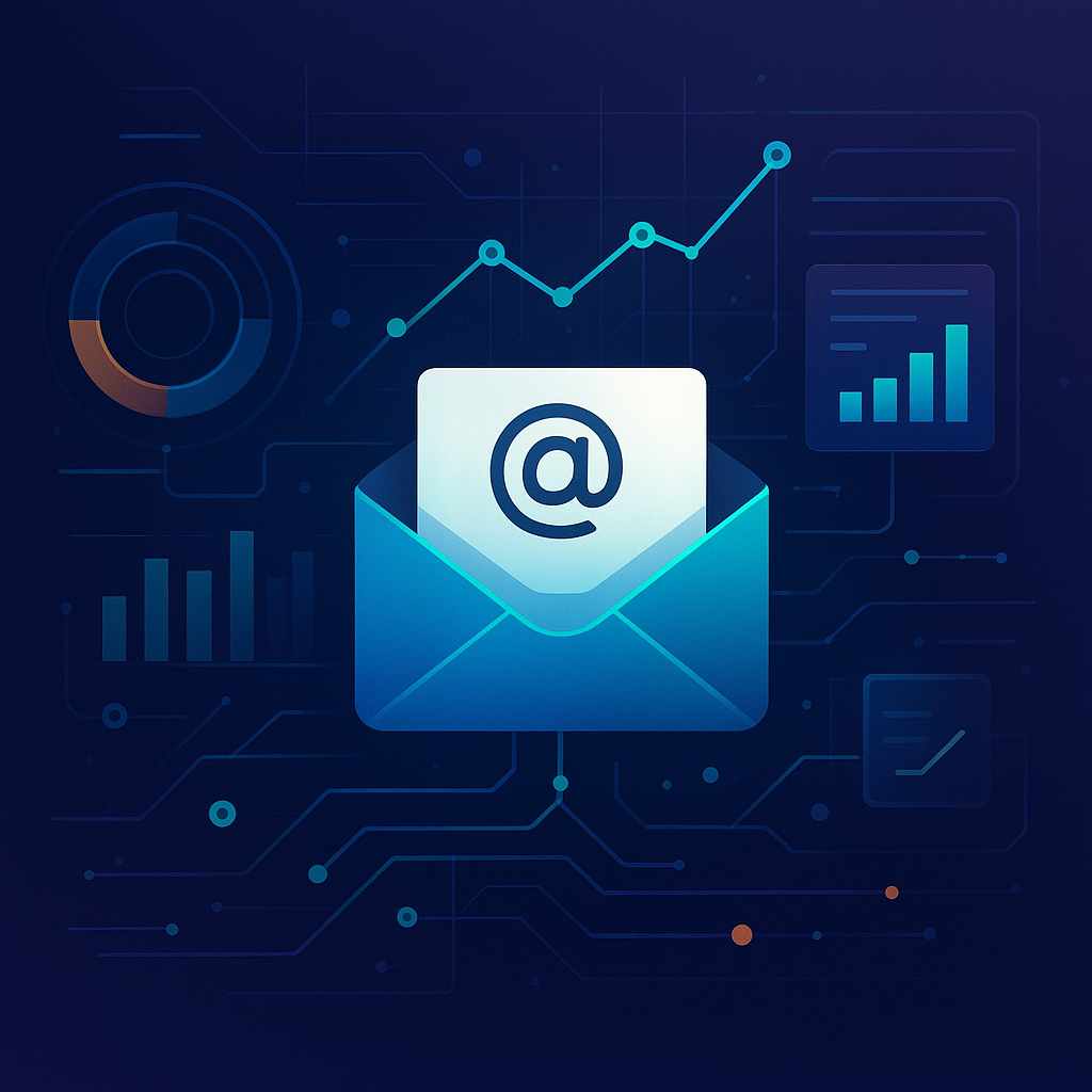 Abstract illustration of advanced email marketing strategies connecting data, customers, and sales.