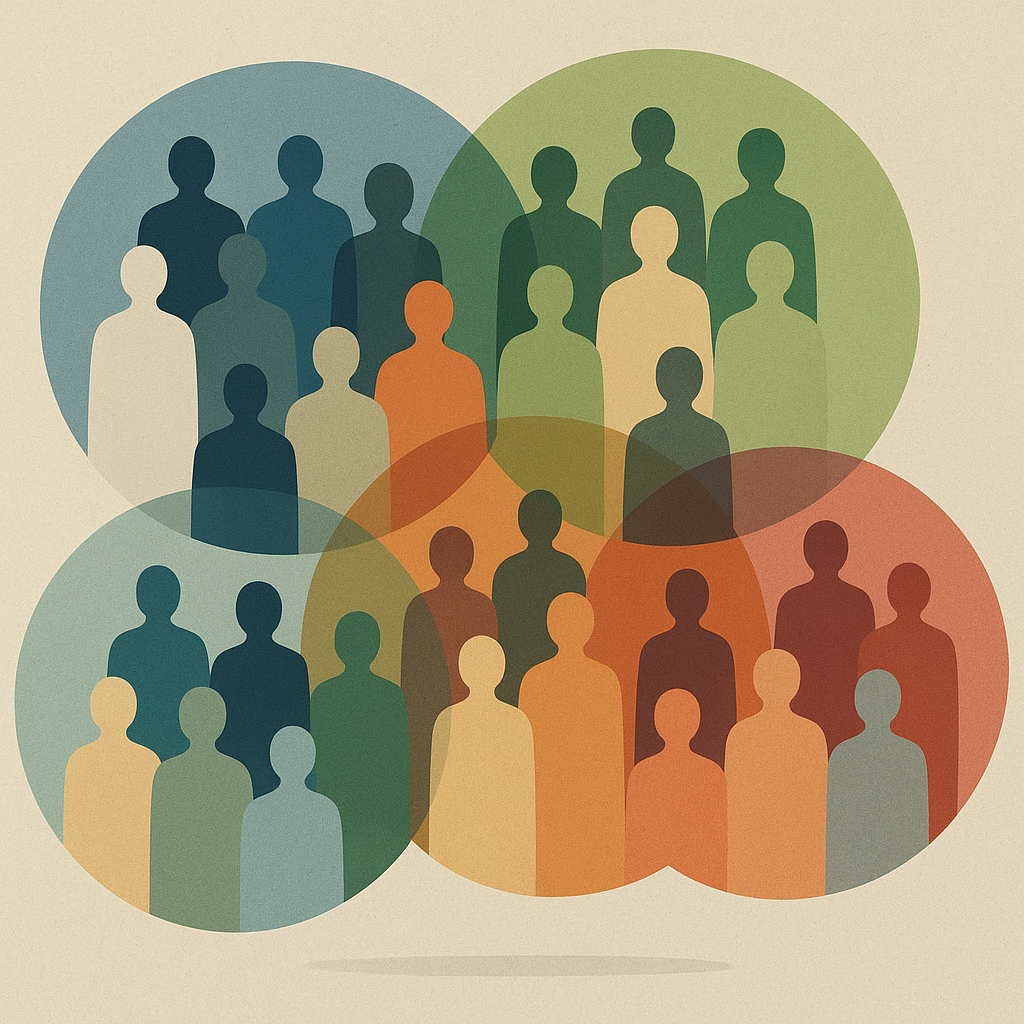 Illustration of customer segmentation, showing a diverse audience divided into targeted groups for personalized marketing.